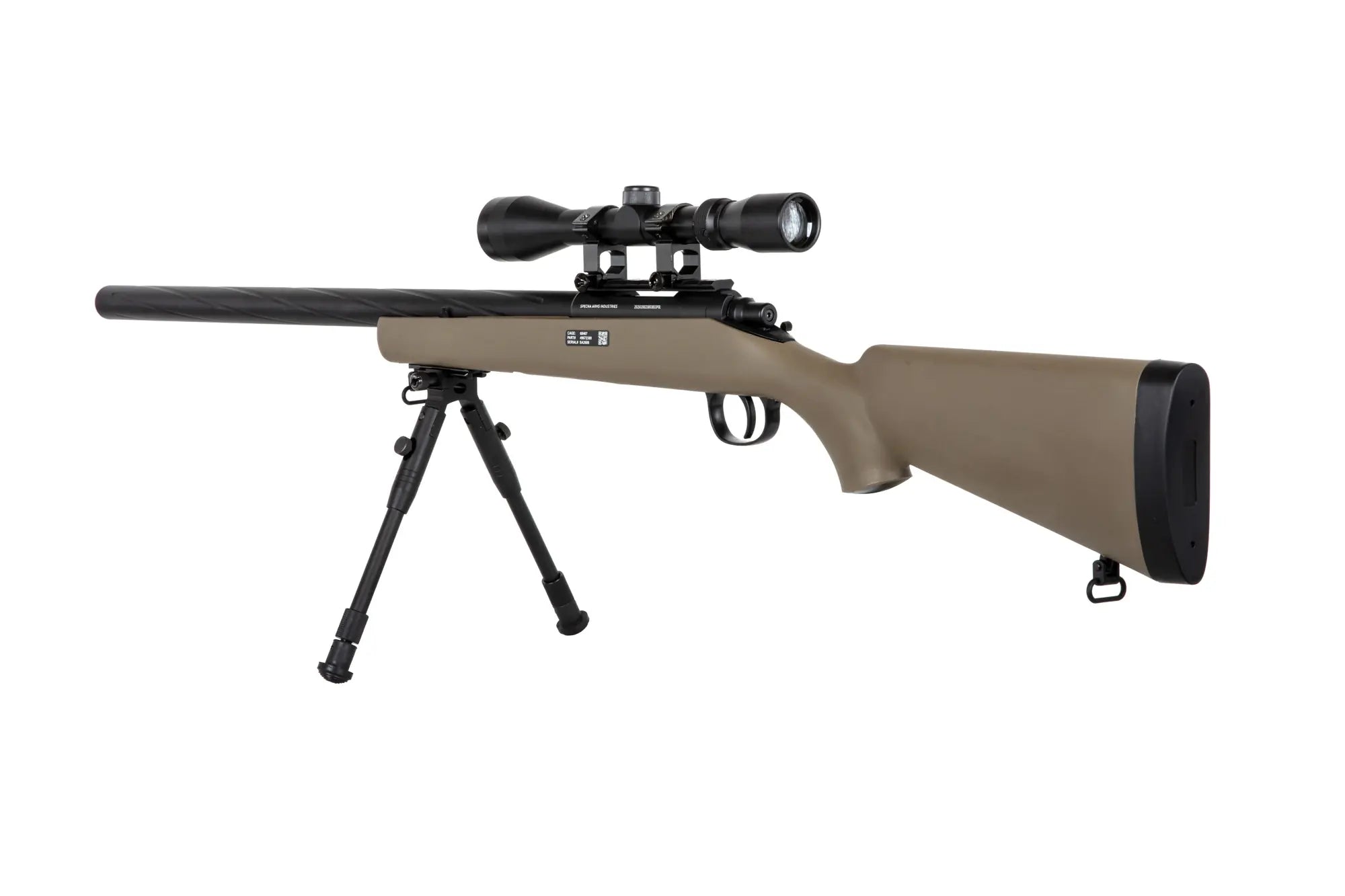 Specna Arms SA-S12 airsoft-tarkkuuskivääri kiikaritähtäimellä ja etujaloilla - Tan