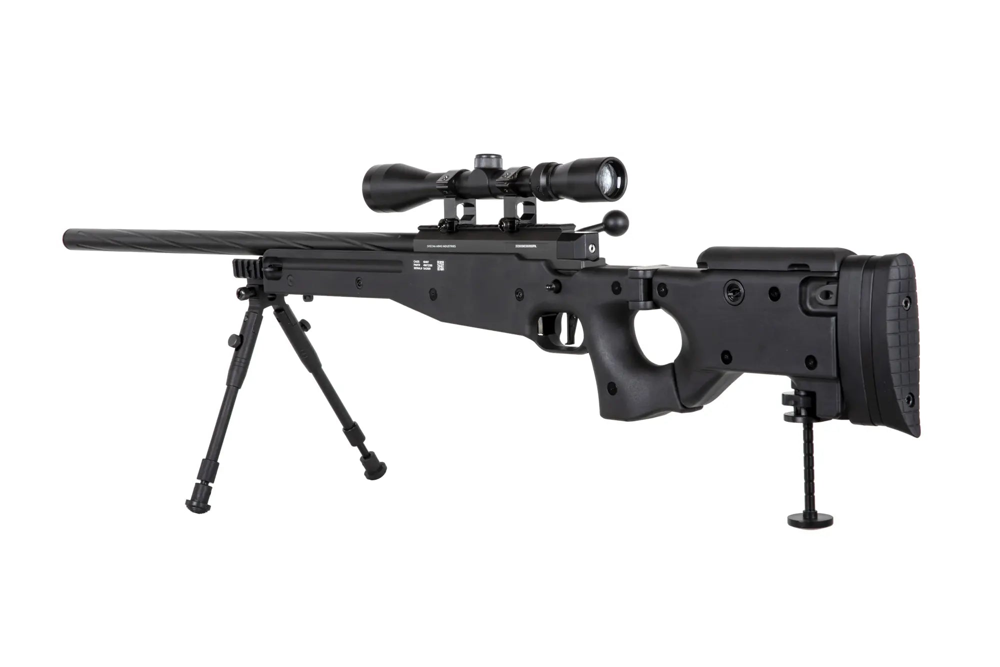Specna Arms SA-S14 airsoft-tarkkuuskivääri kiikaritähtäimellä ja etujaloilla - musta