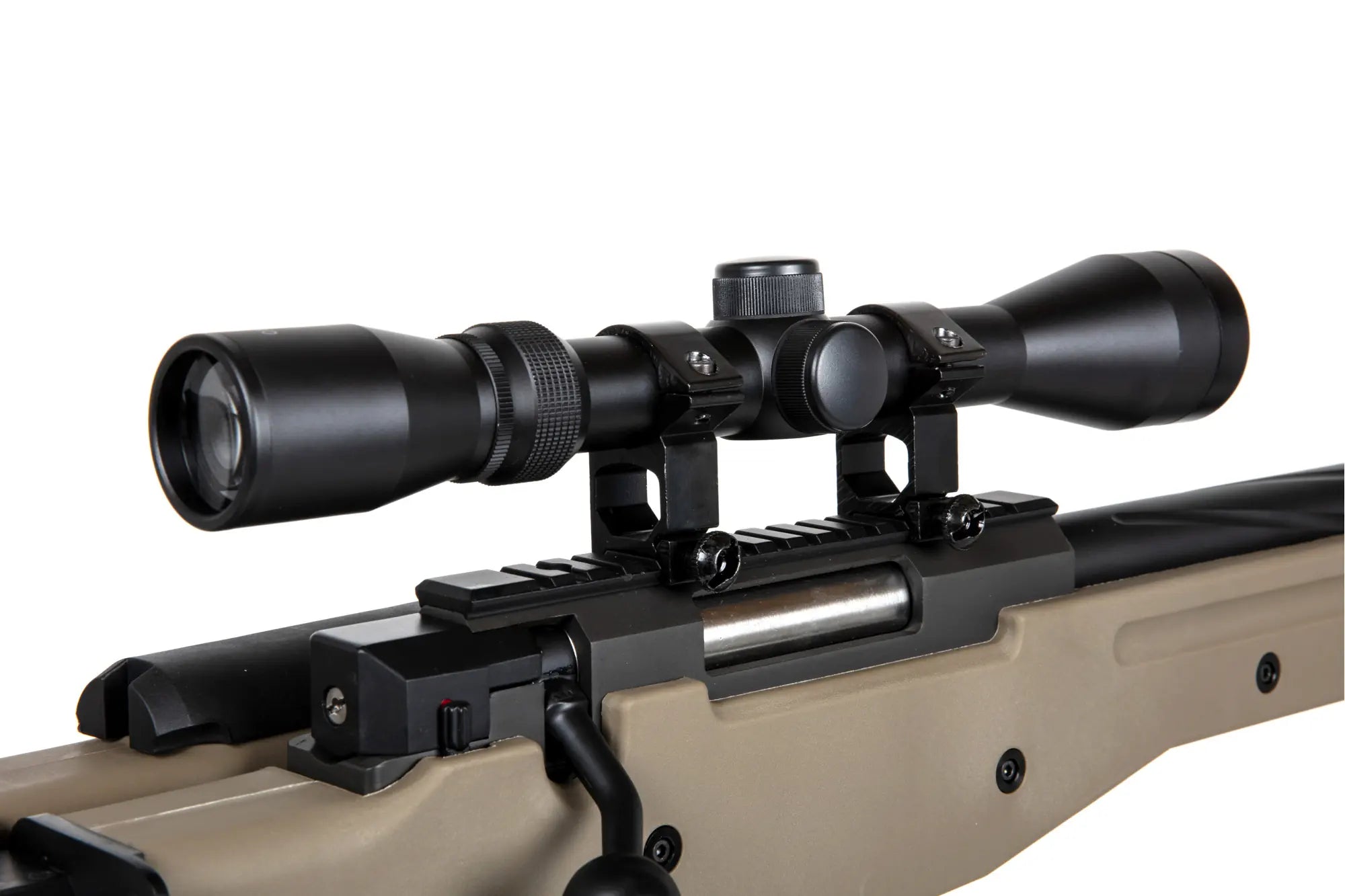 Specna Arms SA-S14 airsoft-tarkkuuskivääri kiikaritähtäimellä ja etujaloilla - hiekka
