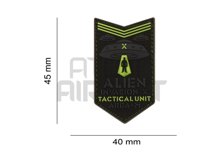 "Alien Invasion Tactical Unit" PVC velcromerkki - pimeässä hohtava