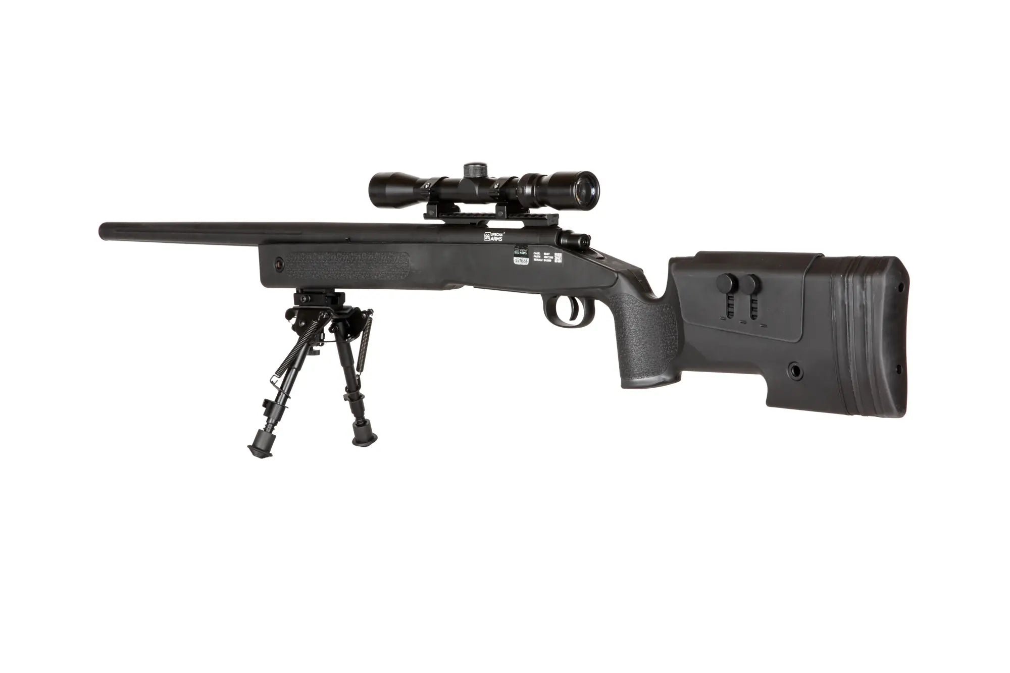 Specna Arms SA-S02 CORE™ High Velocity jousiviritteinen tarkkuuskivääri kiikaritähtäimellä ja etujaloilla - musta