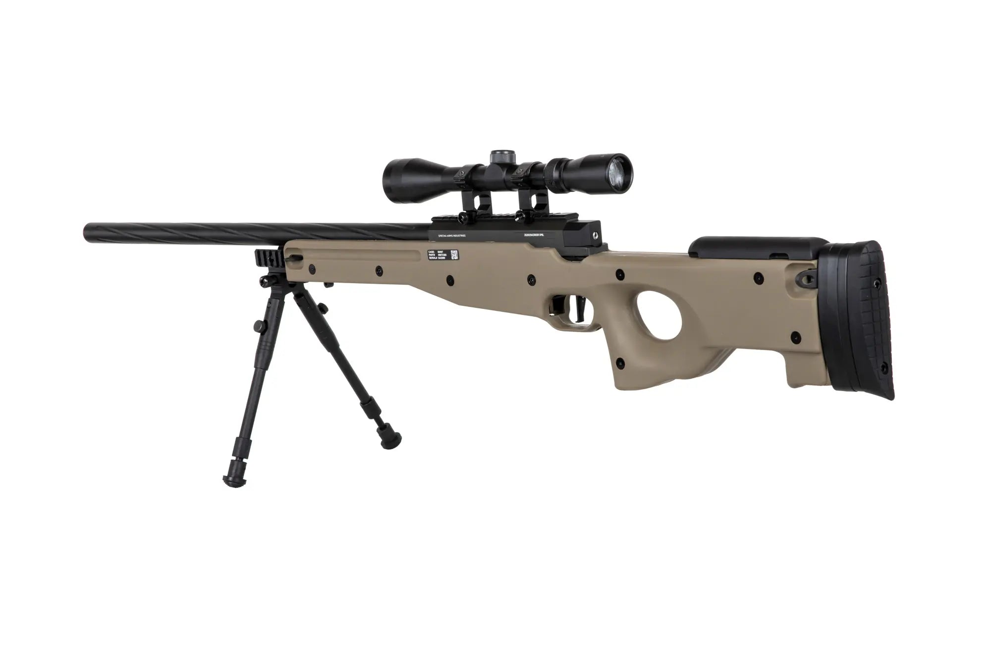 Specna Arms SA-S11 airsoft-tarkkuuskivääri kiikaritähtäimellä ja etujaloilla - Tan