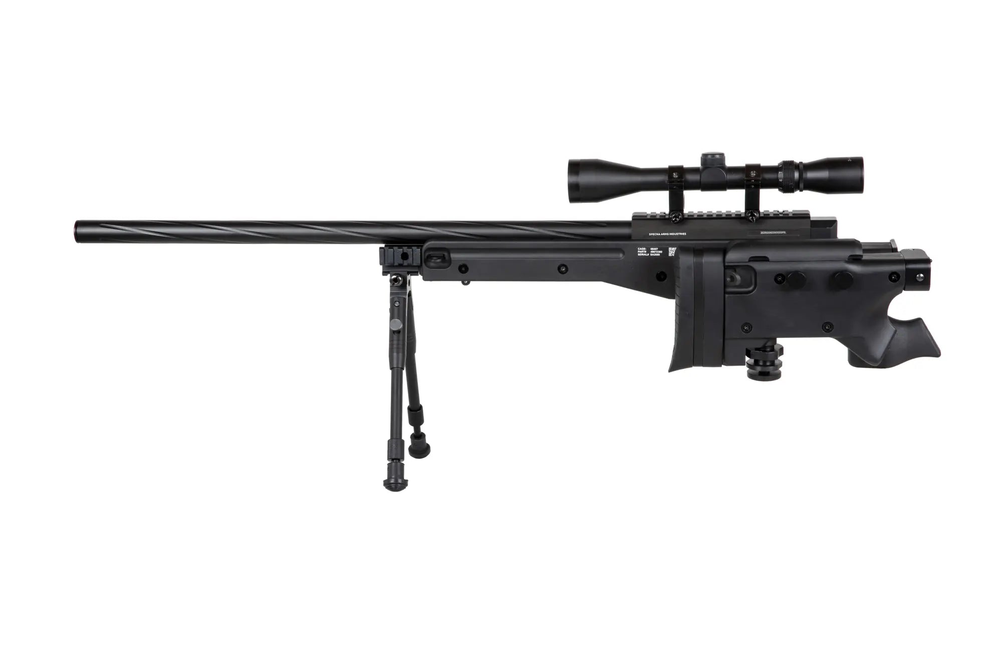 Specna Arms SA-S14 airsoft-tarkkuuskivääri kiikaritähtäimellä ja etujaloilla - musta