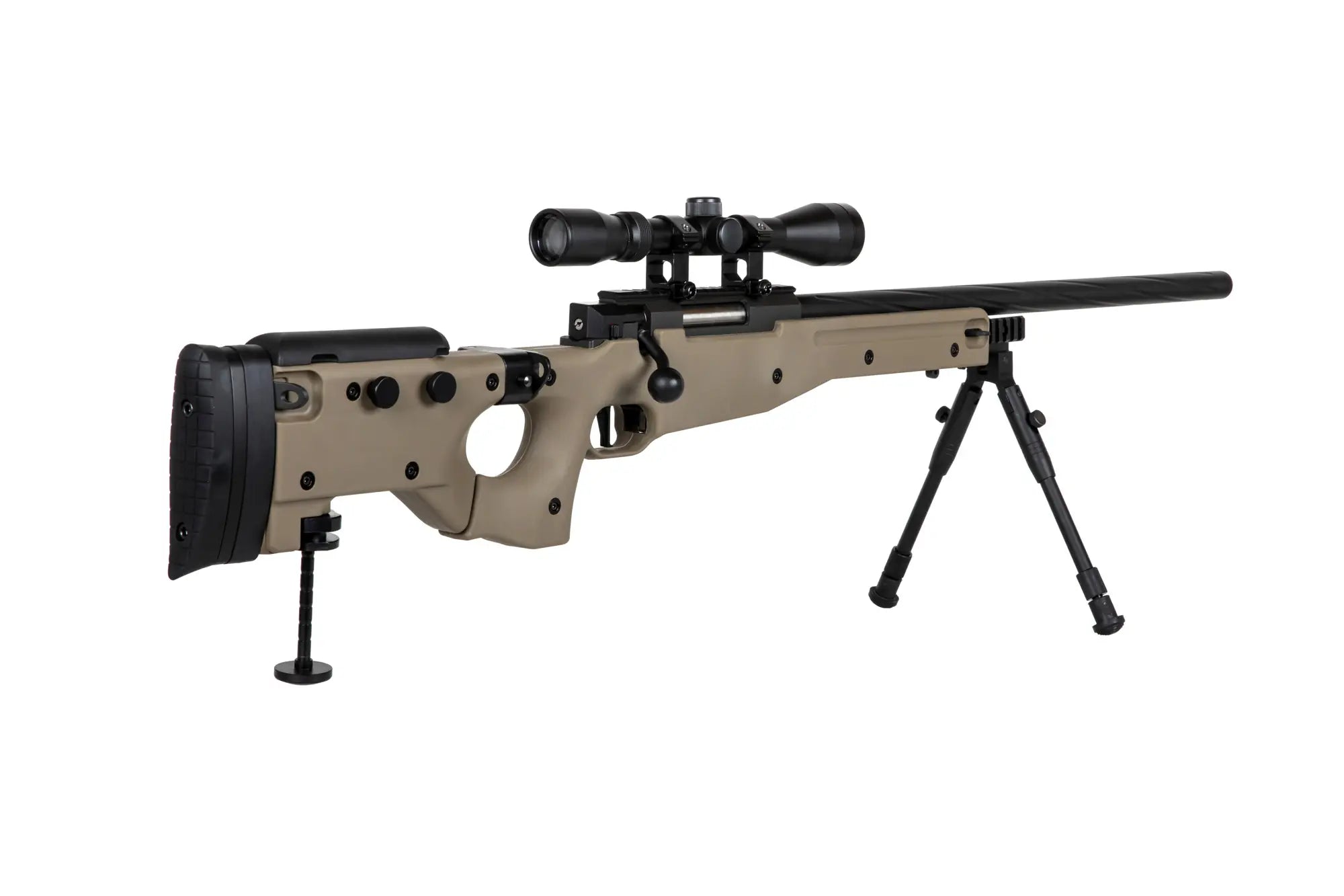 Specna Arms SA-S14 airsoft-tarkkuuskivääri kiikaritähtäimellä ja etujaloilla - hiekka