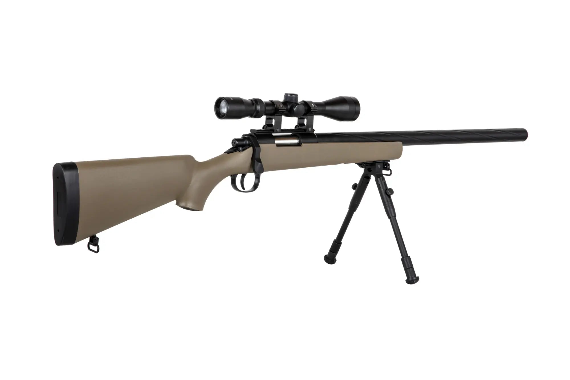 Specna Arms SA-S12 airsoft-tarkkuuskivääri kiikaritähtäimellä ja etujaloilla - Tan