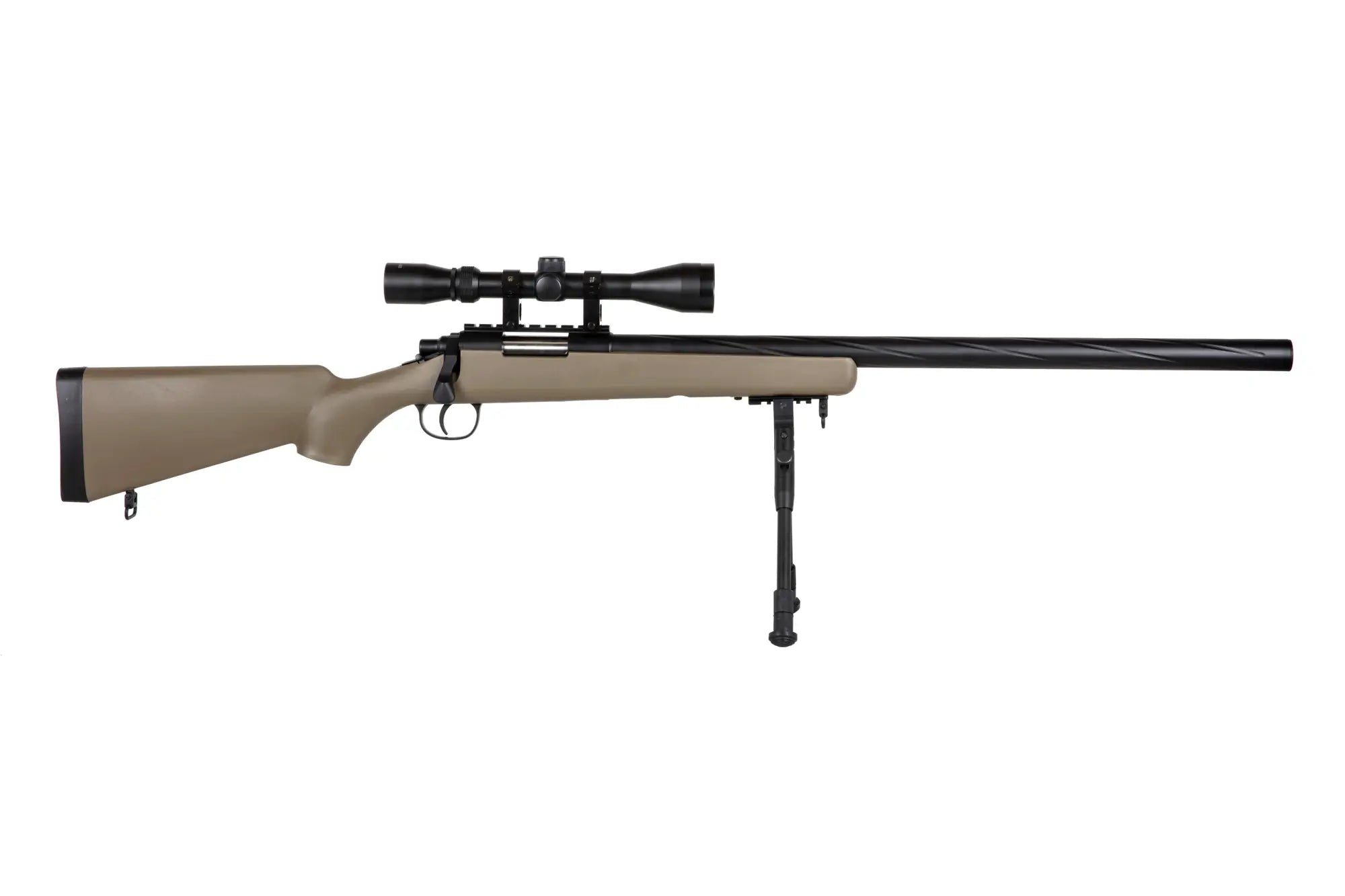 Specna Arms SA-S12 airsoft-tarkkuuskivääri kiikaritähtäimellä ja etujaloilla - Tan