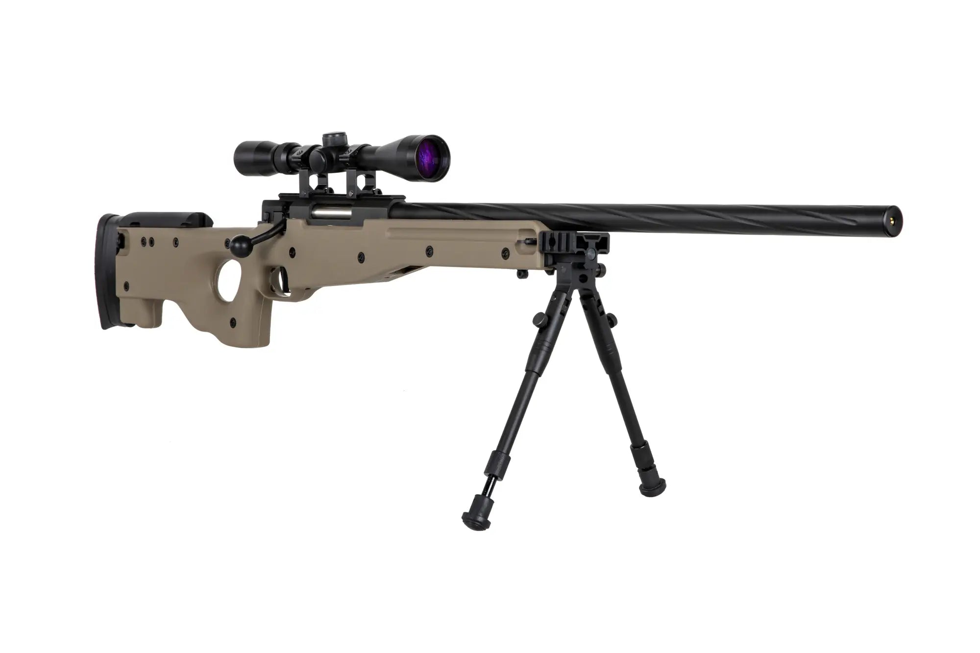 Specna Arms SA-S11 airsoft-tarkkuuskivääri kiikaritähtäimellä ja etujaloilla - Tan