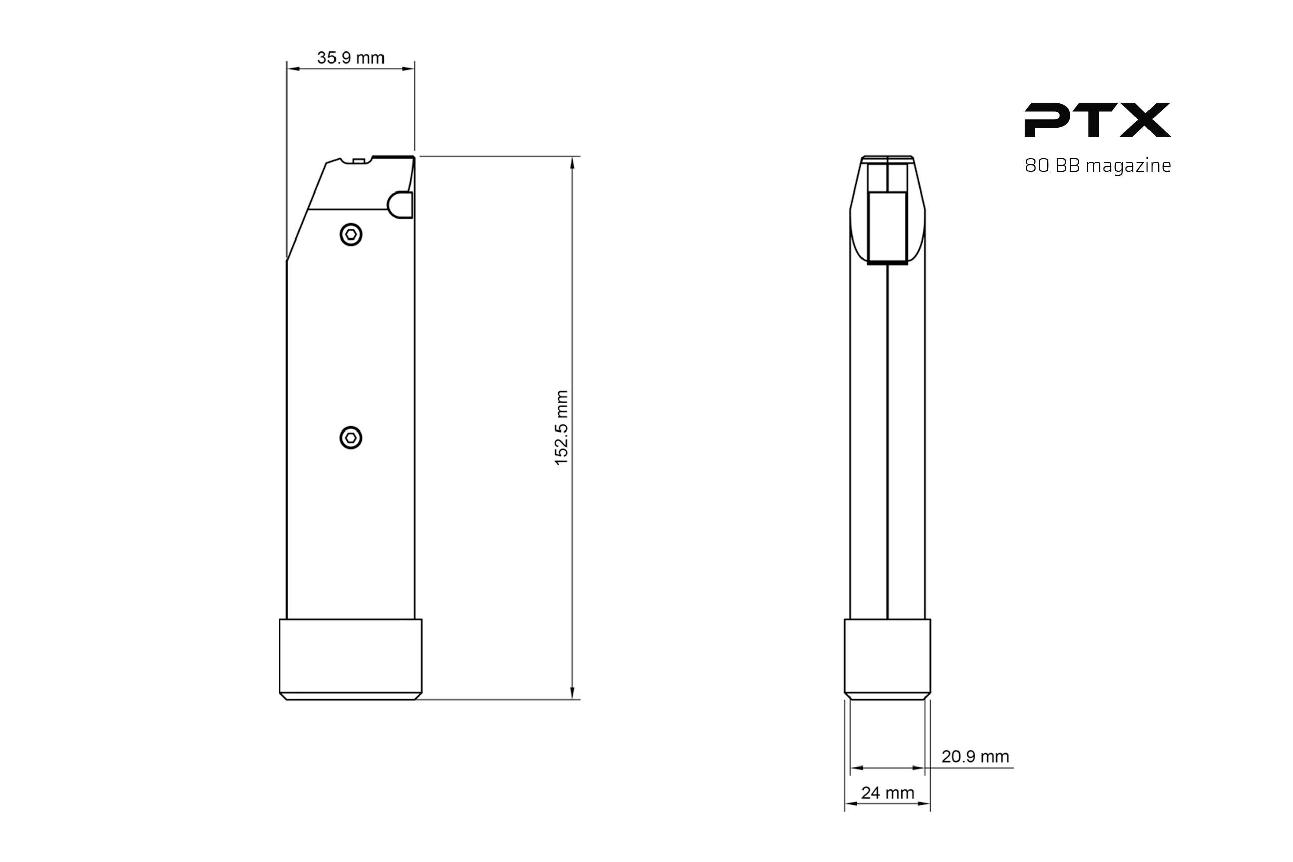 GATE PTX HPA Pistol Mid-Cap Magazine, 80 BB