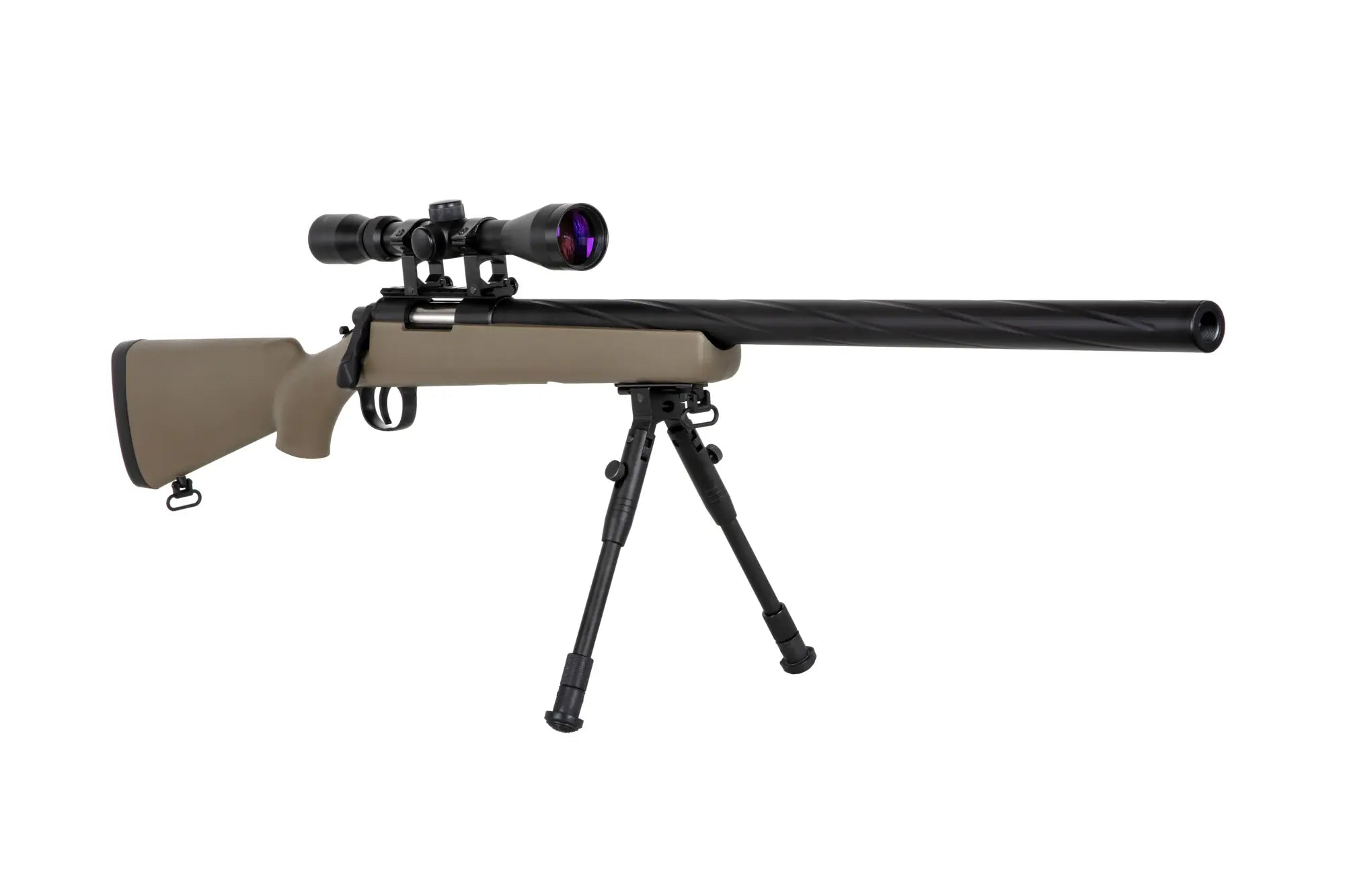 Specna Arms SA-S12 airsoft-tarkkuuskivääri kiikaritähtäimellä ja etujaloilla - Tan