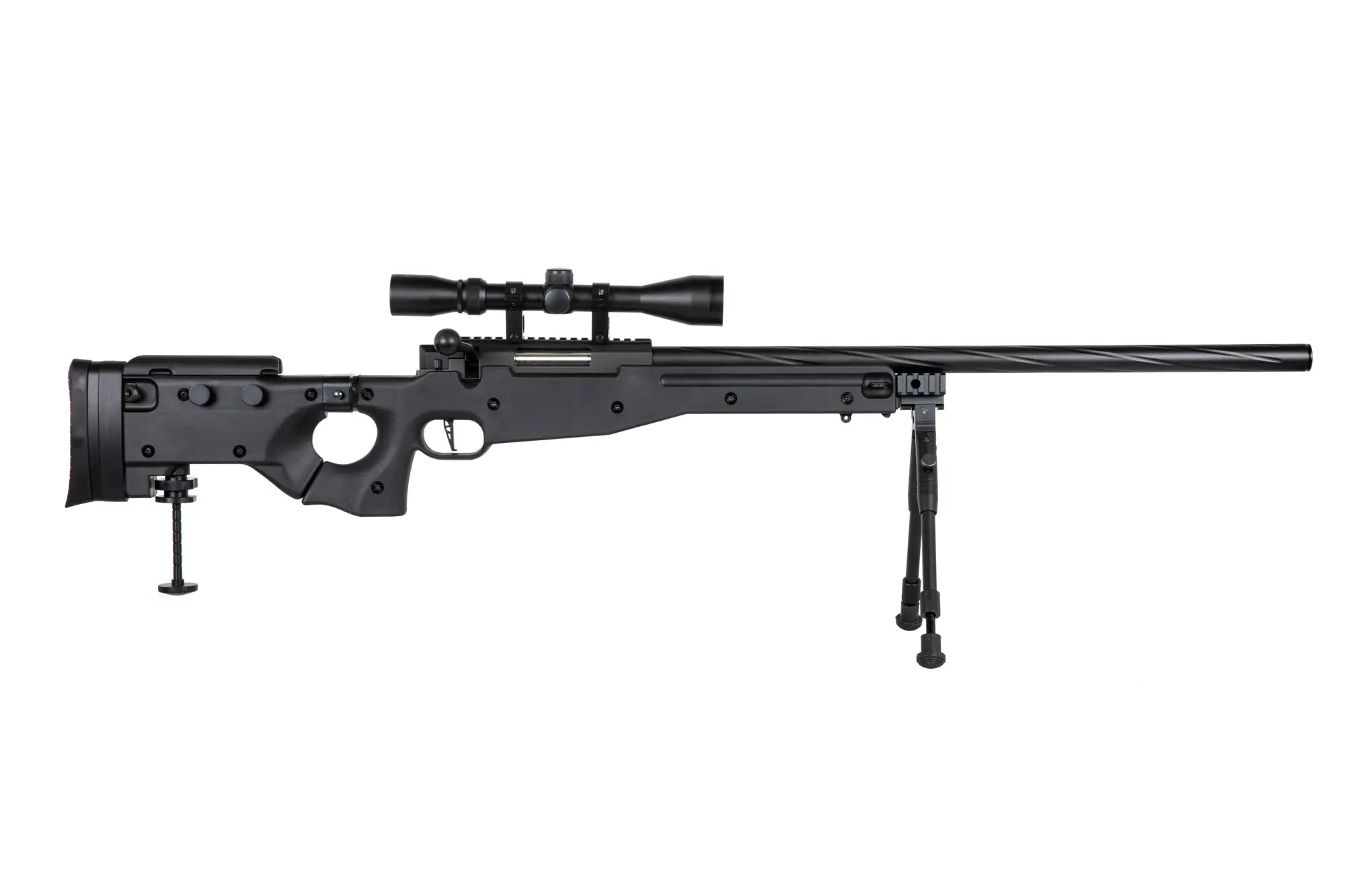 Specna Arms SA-S14 airsoft-tarkkuuskivääri kiikaritähtäimellä ja etujaloilla - musta