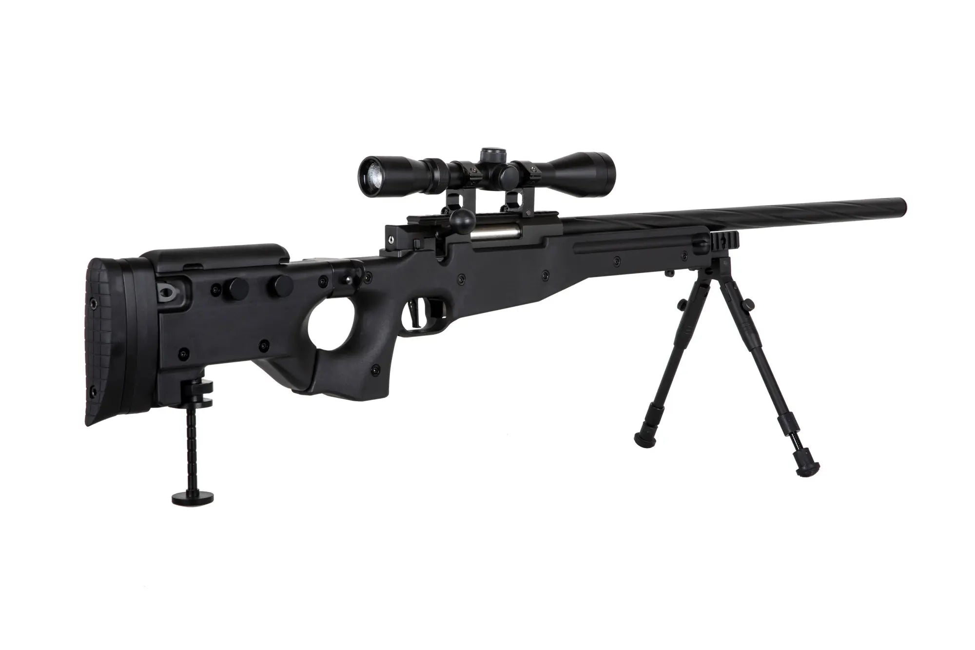Specna Arms SA-S14 airsoft-tarkkuuskivääri kiikaritähtäimellä ja etujaloilla - musta