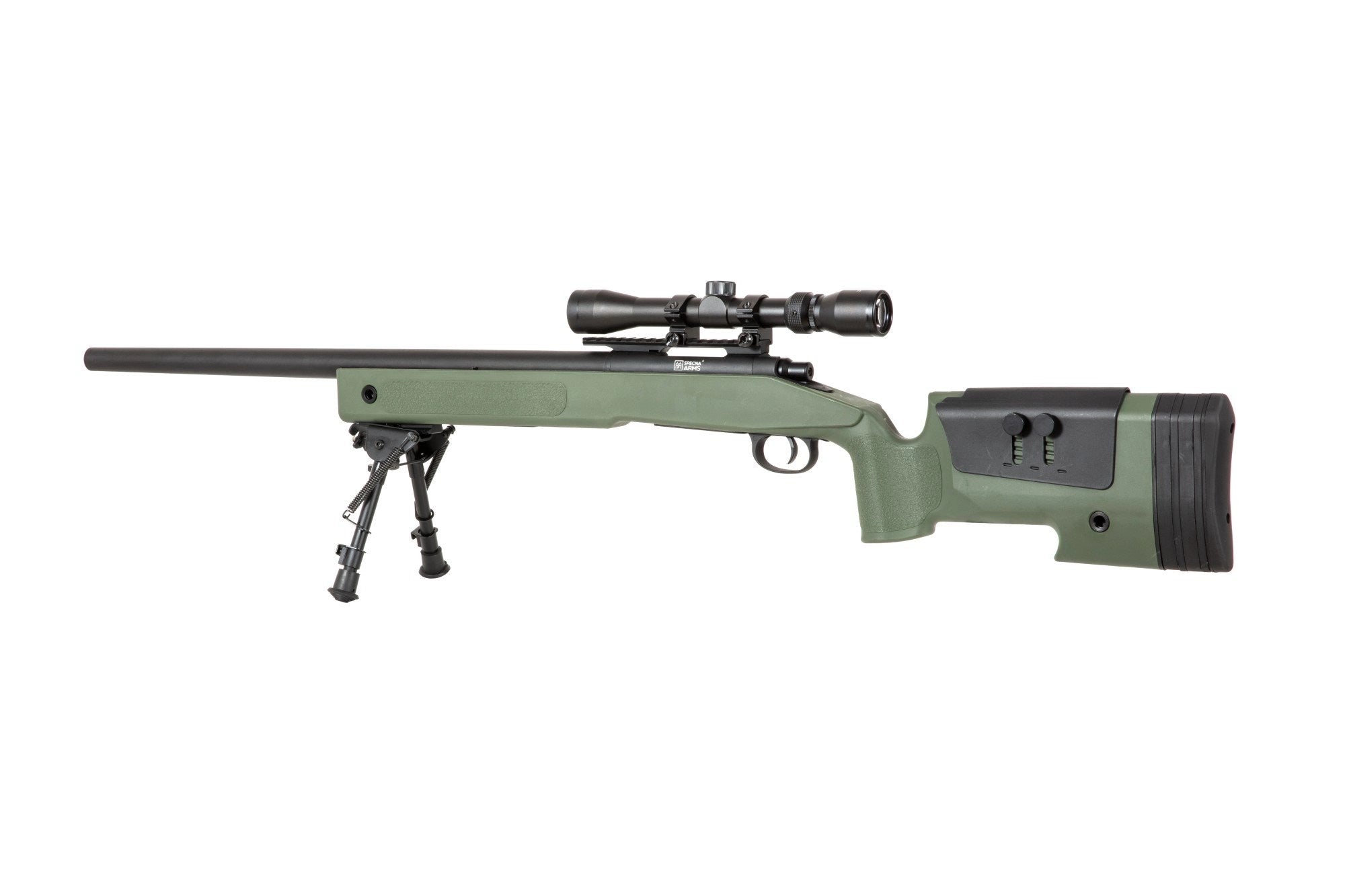 Specna Arms SA-S02 CORE™ High Velocity jousitoiminen tarkkuuskivääri kiikaritähtäimellä ja etujaloilla - oliivi