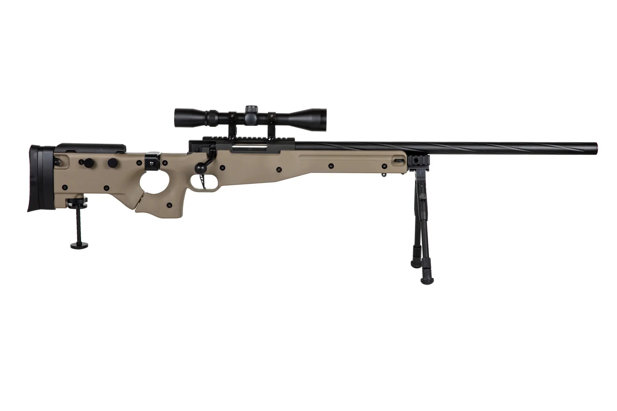 Specna Arms SA-S14 airsoft-tarkkuuskivääri kiikaritähtäimellä ja etujaloilla - hiekka