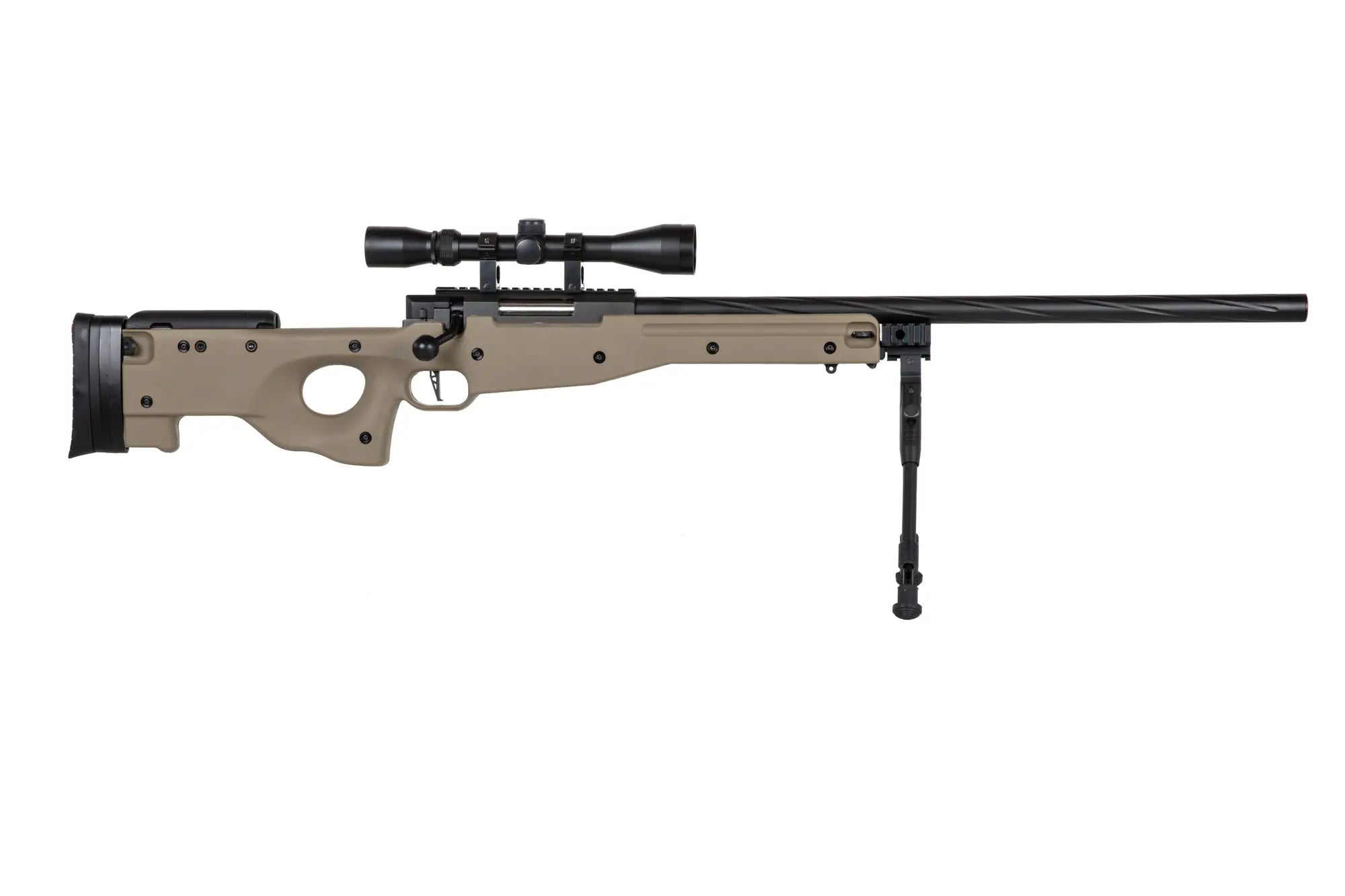 Specna Arms SA-S11 airsoft-tarkkuuskivääri kiikaritähtäimellä ja etujaloilla - Tan