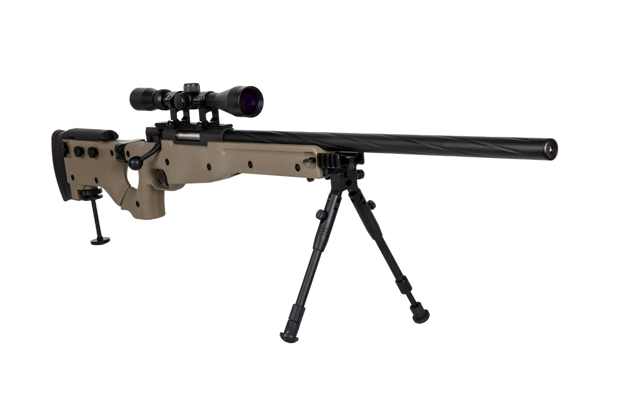Specna Arms SA-S14 airsoft-tarkkuuskivääri kiikaritähtäimellä ja etujaloilla - hiekka