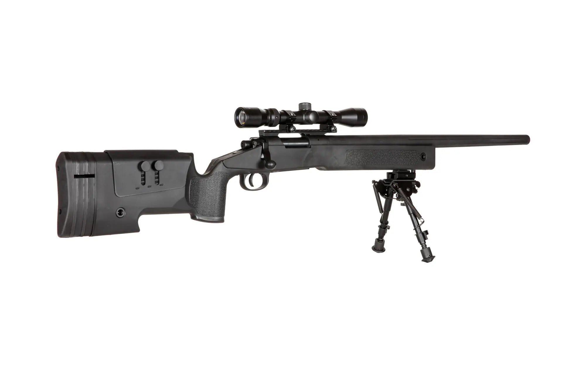 Specna Arms SA-S02 CORE™ High Velocity jousiviritteinen tarkkuuskivääri kiikaritähtäimellä ja etujaloilla - musta