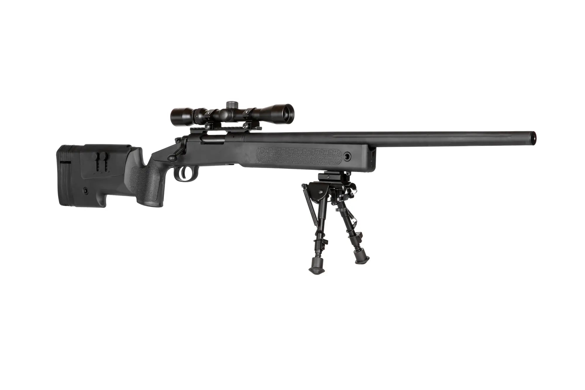 Specna Arms SA-S02 CORE™ High Velocity jousiviritteinen tarkkuuskivääri kiikaritähtäimellä ja etujaloilla - musta