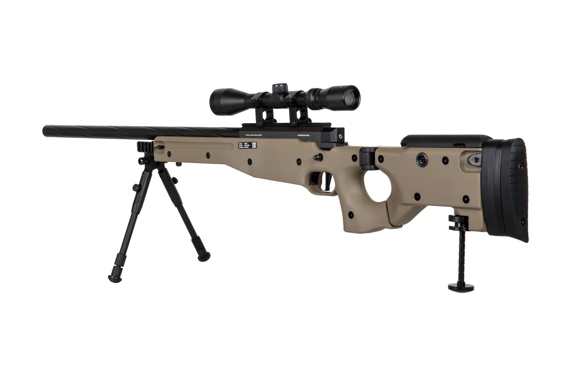 Specna Arms SA-S14 airsoft-tarkkuuskivääri kiikaritähtäimellä ja etujaloilla - hiekka