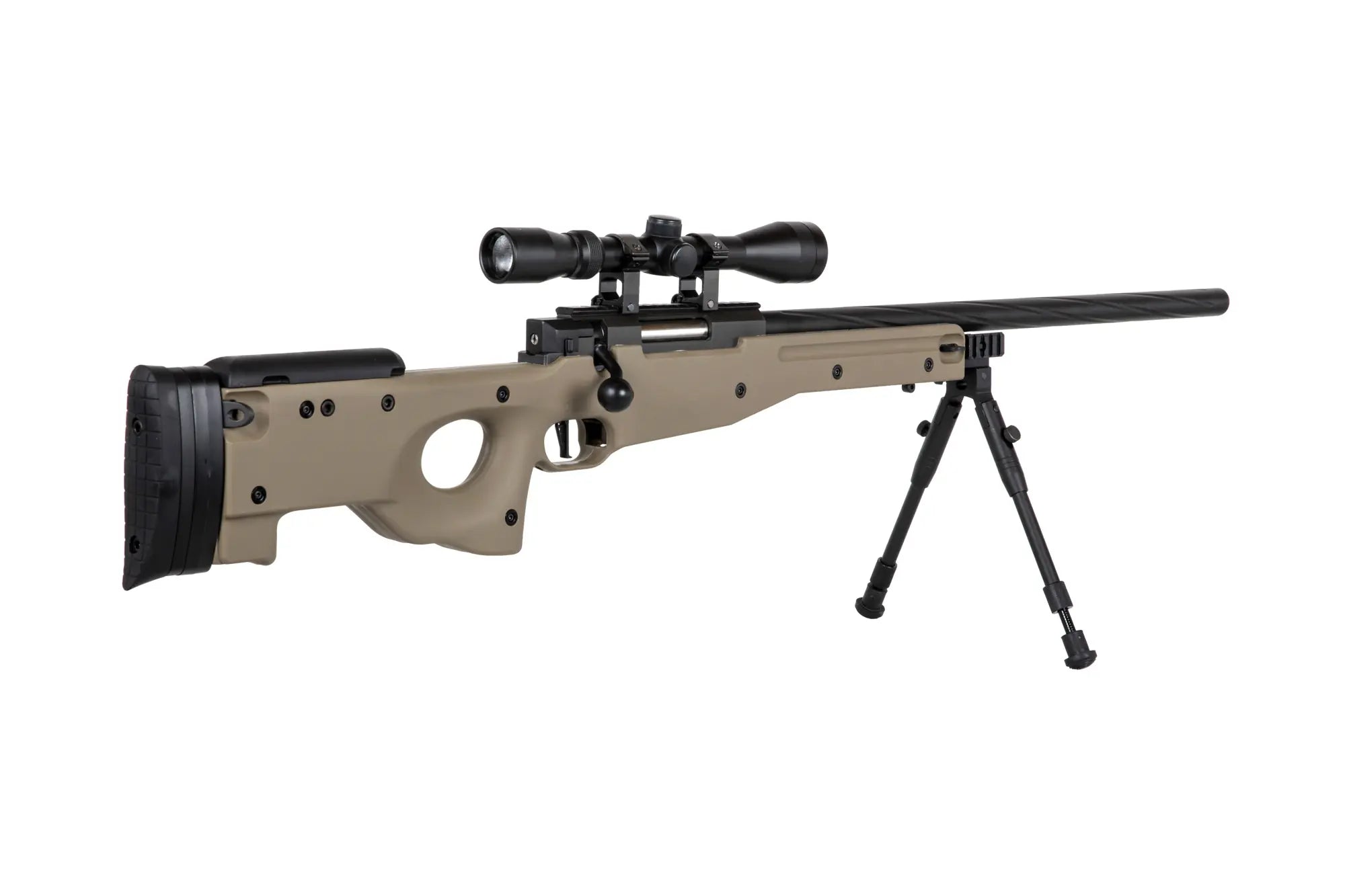 Specna Arms SA-S11 airsoft-tarkkuuskivääri kiikaritähtäimellä ja etujaloilla - Tan