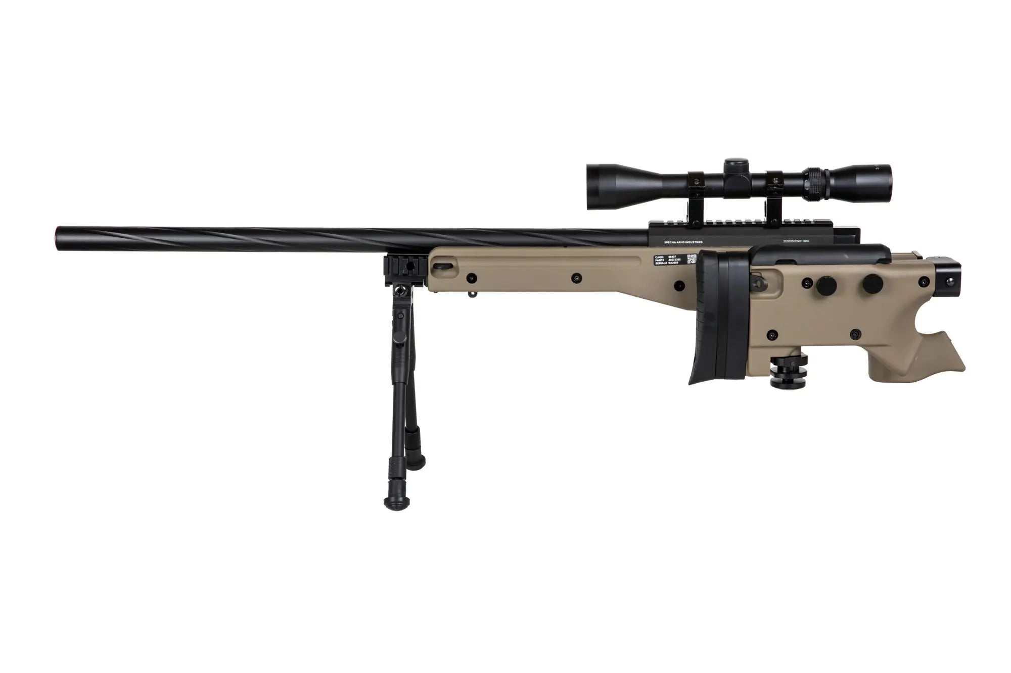 Specna Arms SA-S14 airsoft-tarkkuuskivääri kiikaritähtäimellä ja etujaloilla - hiekka