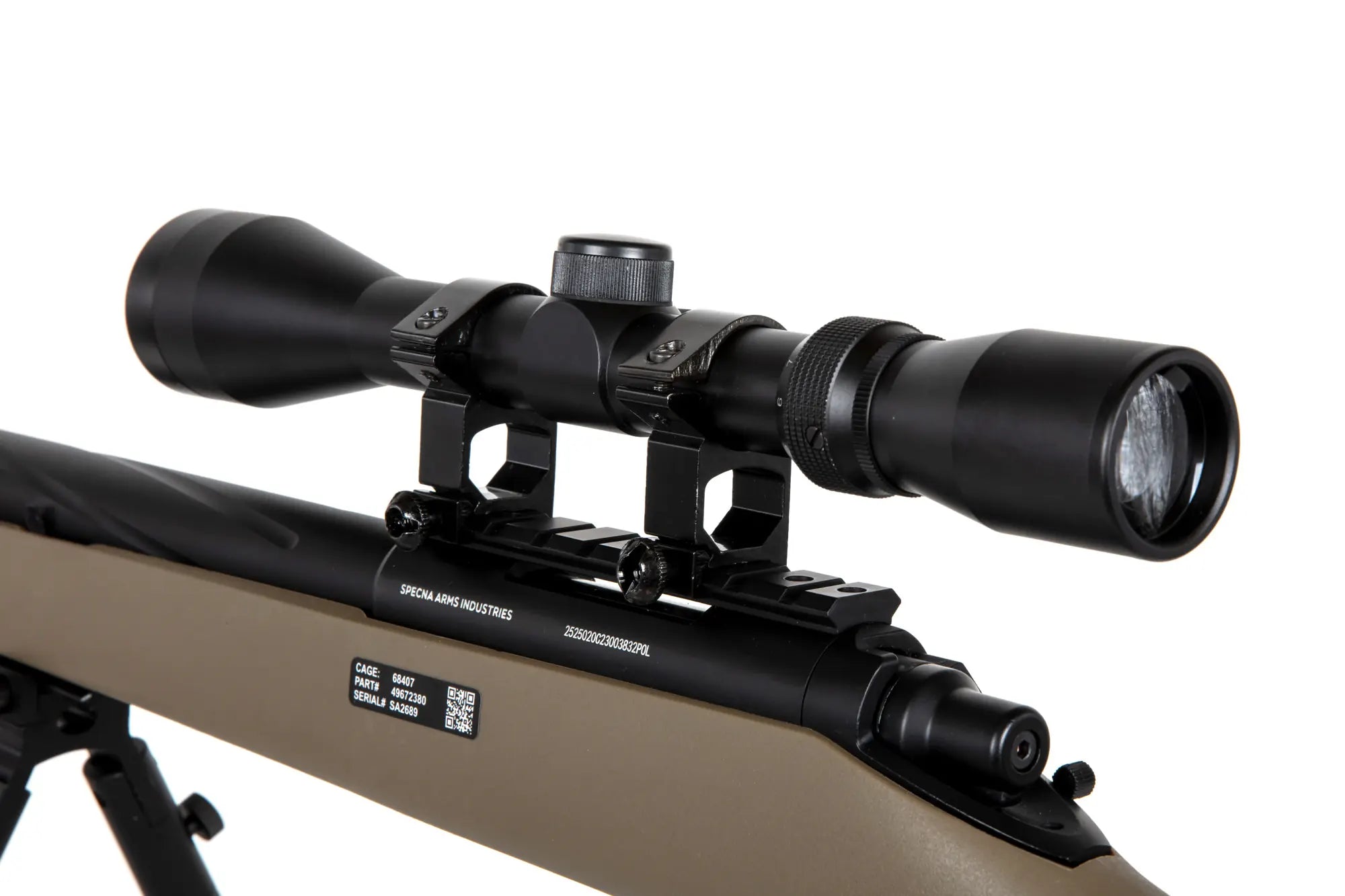 Specna Arms SA-S12 airsoft-tarkkuuskivääri kiikaritähtäimellä ja etujaloilla - Tan