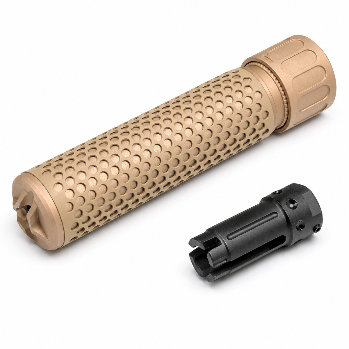 SHS KAC QDC-style silencer with flash hider, 180 mm, tan