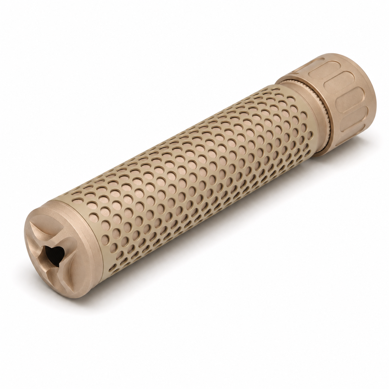 SHS KAC QDC-style silencer front cap and perforated body, tan